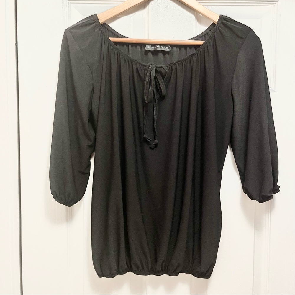 Black Peasant Style Blouse with Tie Neck – Size M/L